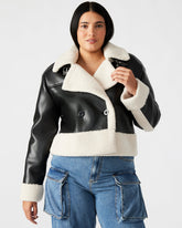 ATHEN Black Women's Faux Leather Shearling Trim Jacket