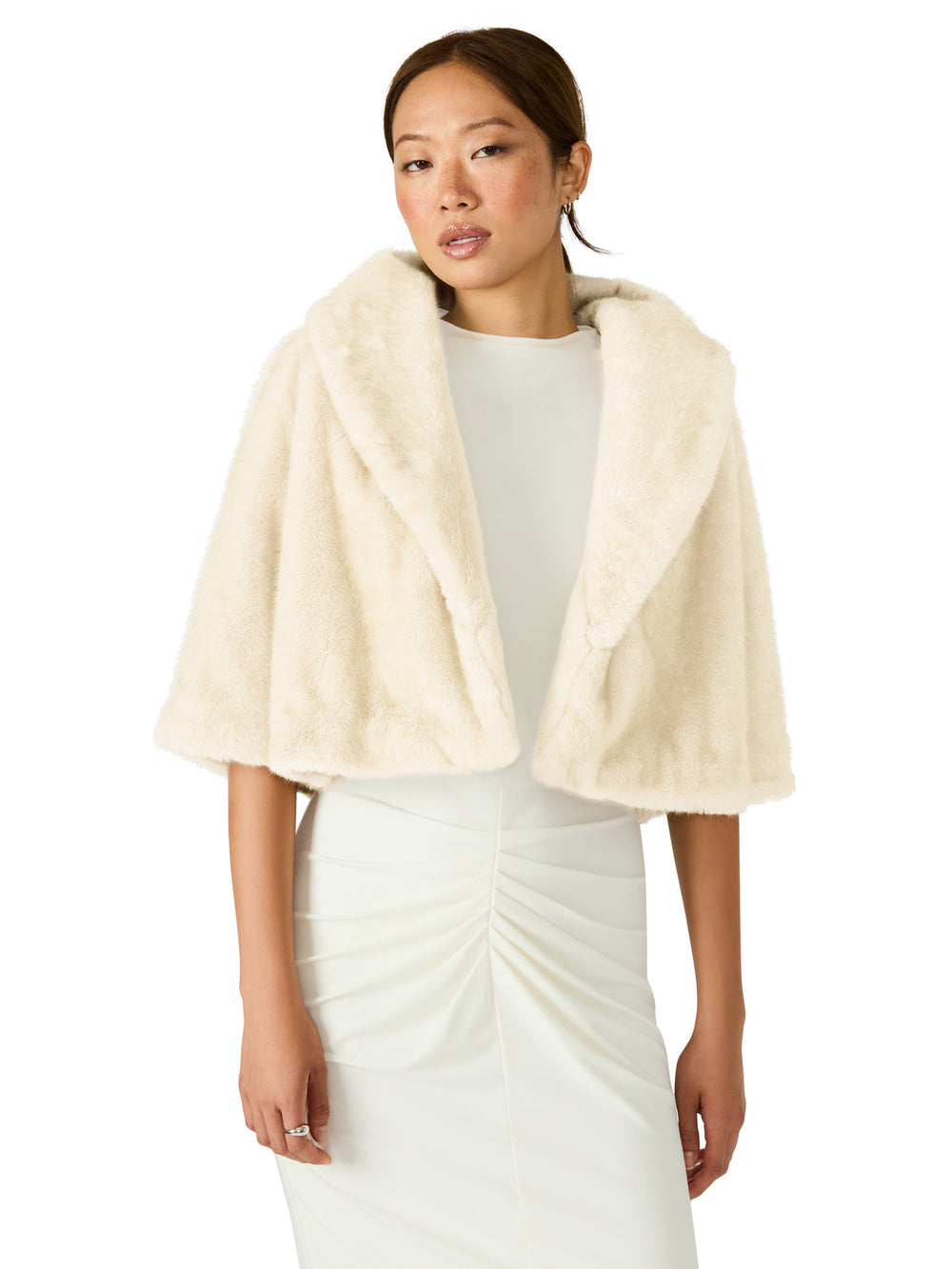 HESTIA Cream Faux Fur Cropped Collared Neckline Women's Coat