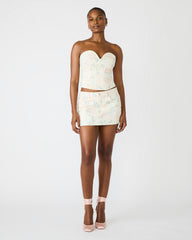 ROSELIA Peach Beige Floral Print Denim Strapless Corset Women's Top