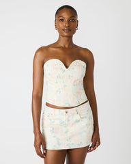 ROSELIA Peach Beige Floral Print Denim Strapless Corset Women's Top
