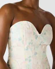 ROSELIA Peach Beige Floral Print Denim Strapless Corset Women's Top