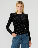 MADILYN Black Studded Velvet Long-Sleeved Rhinestone Embellished Women's Top