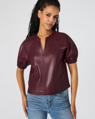 ROXANNE Wine Short-Sleeved Faux Leather Puff Sleeve Women's Top