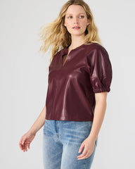 ROXANNE Wine Short-Sleeved Faux Leather Puff Sleeve Women's Top