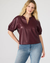 ROXANNE Wine Short-Sleeved Faux Leather Puff Sleeve Women's Top