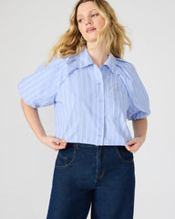 REECE Soft Blue Button-Up Collared Bubble Sleeve Women's Top