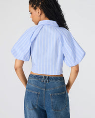 REECE Soft Blue Button-Up Collared Bubble Sleeve Women's Top
