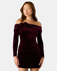 LICI Wine Long-Sleeved Velvet Rose Off-The-Shoulder Women's Top