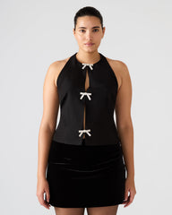 JUVIA Black Sleeveless Bow Detail Halter Women's Top