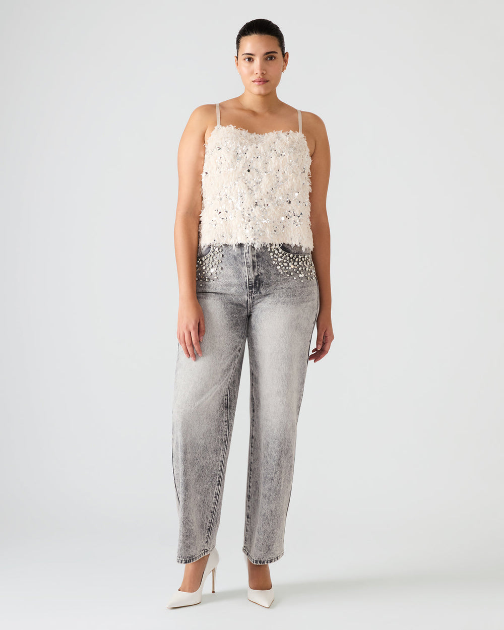 BLAKELYN Ivory Feather Sequin Embellished Women's Top