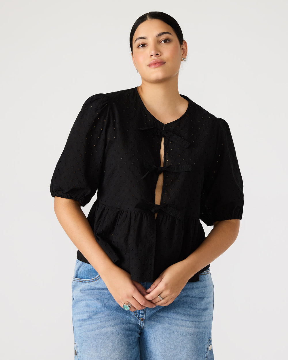 PAULA Top Black Short-Sleeved Tie-Front Eyelet Top