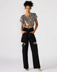 AYLA Black Straight-Leg Rhinestone Embellished Slit Women's Jean