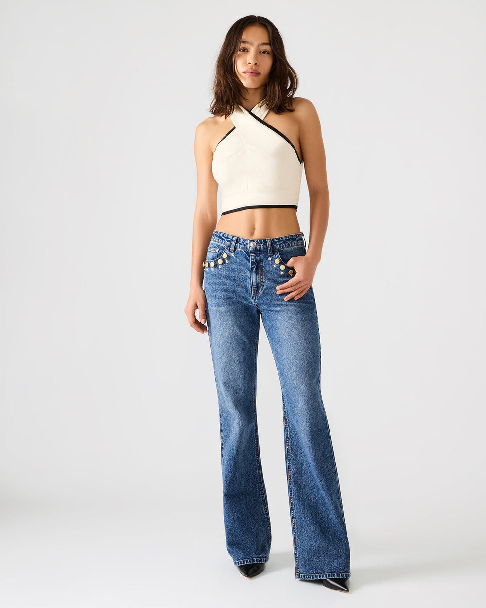 IRYS Dark Navy High-Rise Flare Gold Detail Buttons Women's Jean