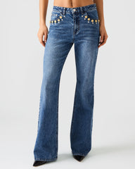 IRYS Dark Navy High-Rise Flare Gold Detail Buttons Women's Jean