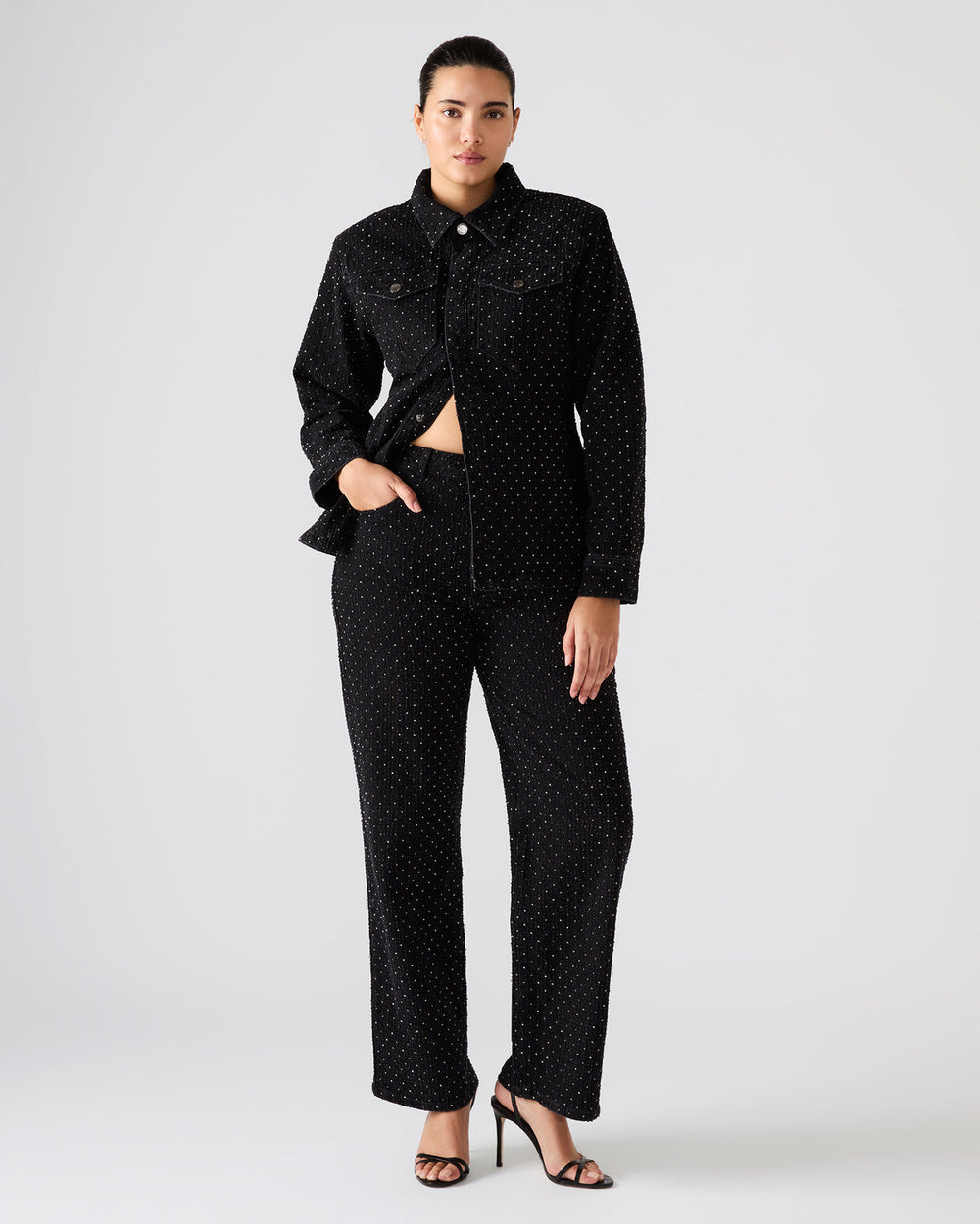 AVALINE Crystal Black Straight-Leg Rhinestone Embellished Denim Women's Jeans