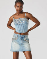 ERAS Denim Rhinestone Embellished Corset Cropped Matching Set Women's Top