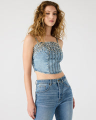 ERAS Denim Rhinestone Embellished Corset Cropped Matching Set Women's Top