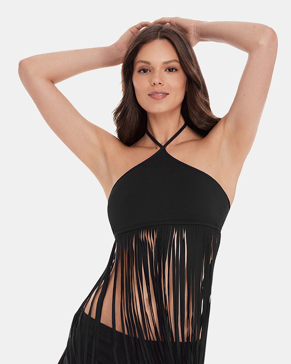 WHAT A STUD BIKINI TOP Black Halter Neckline Fringe Women's Bikini Top