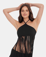 WHAT A STUD BIKINI TOP Black Halter Neckline Fringe Women's Bikini Top