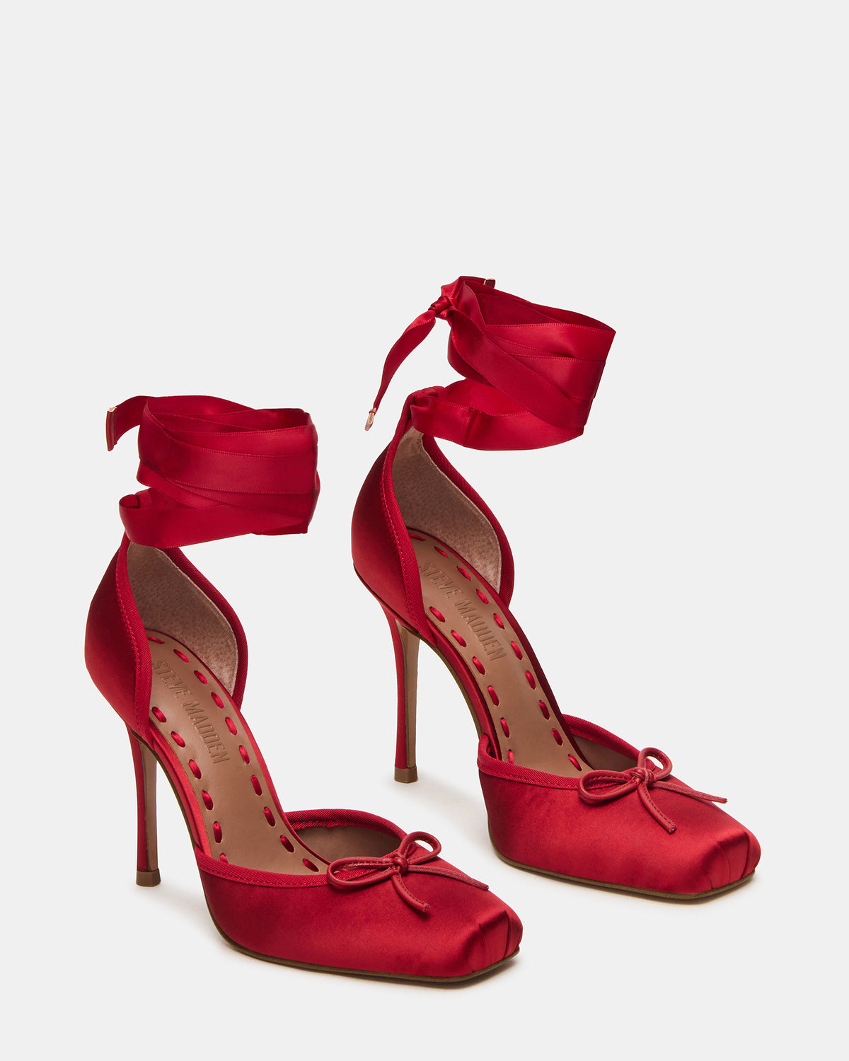 LARINA Red Satin Square-Toe Stiletto Pump Lace-Up Women's Heel