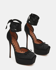 LISTEN Black Satin Stiletto Pump Lace-Up Women's Heel