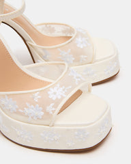 LIANDRA Embellished White Mesh Platform Square-Toe Strappy Women's Heel
