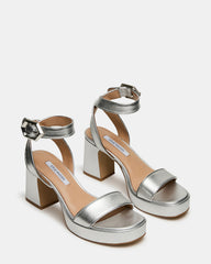ELIDA Silver Leather Ankle Strap Platform Women's Block Heel