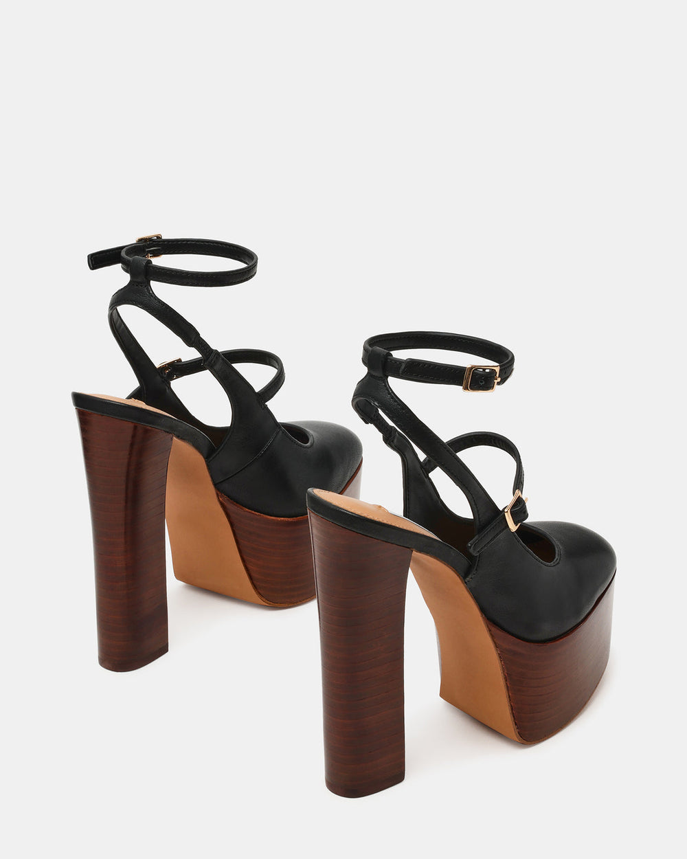 SCOTLYN Stacked Black Leather Mary-Mary Platform Women's Block Heel