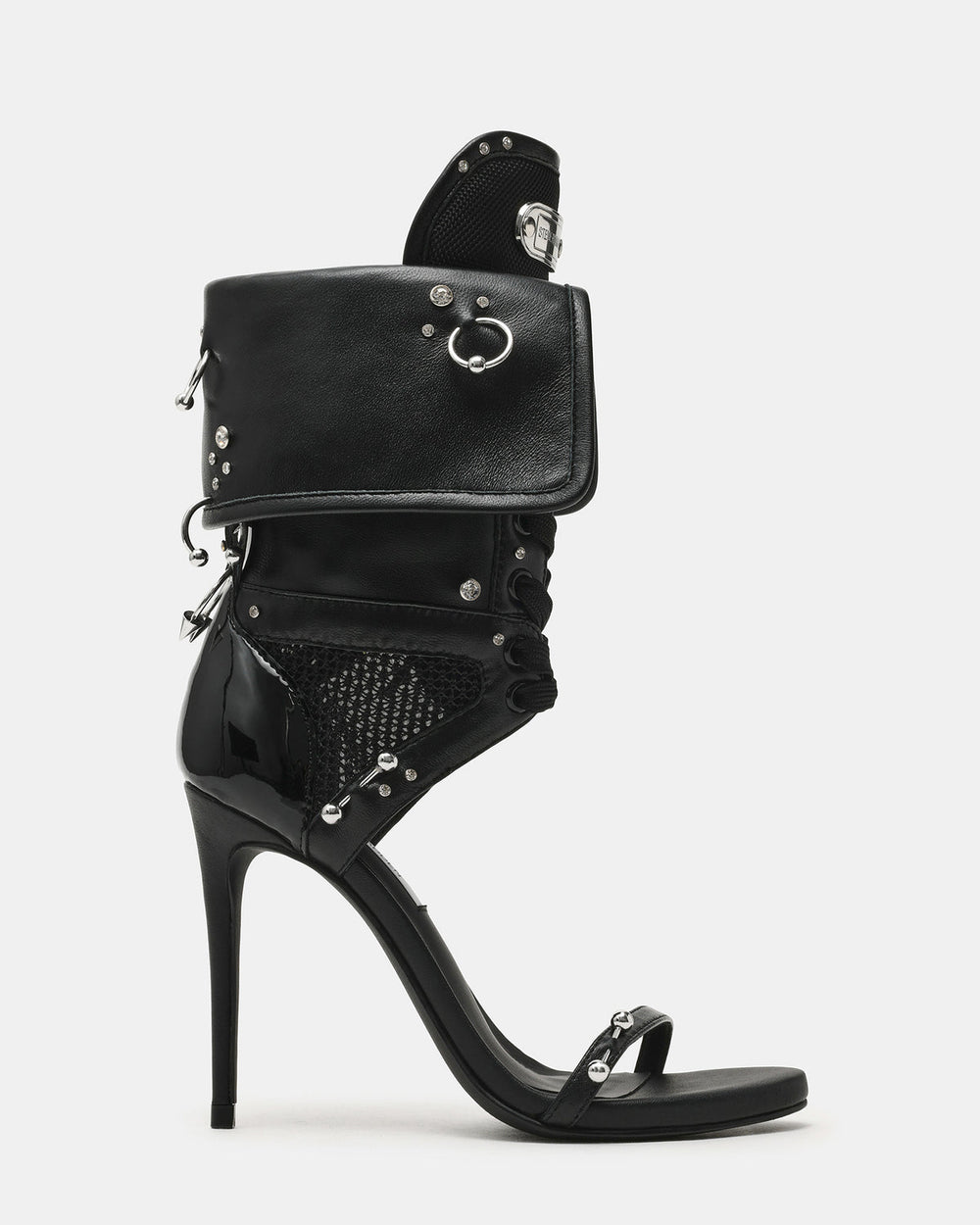 CASELLA Piercing Black Open-Toe Stiletto Lace-Up Women's Heel