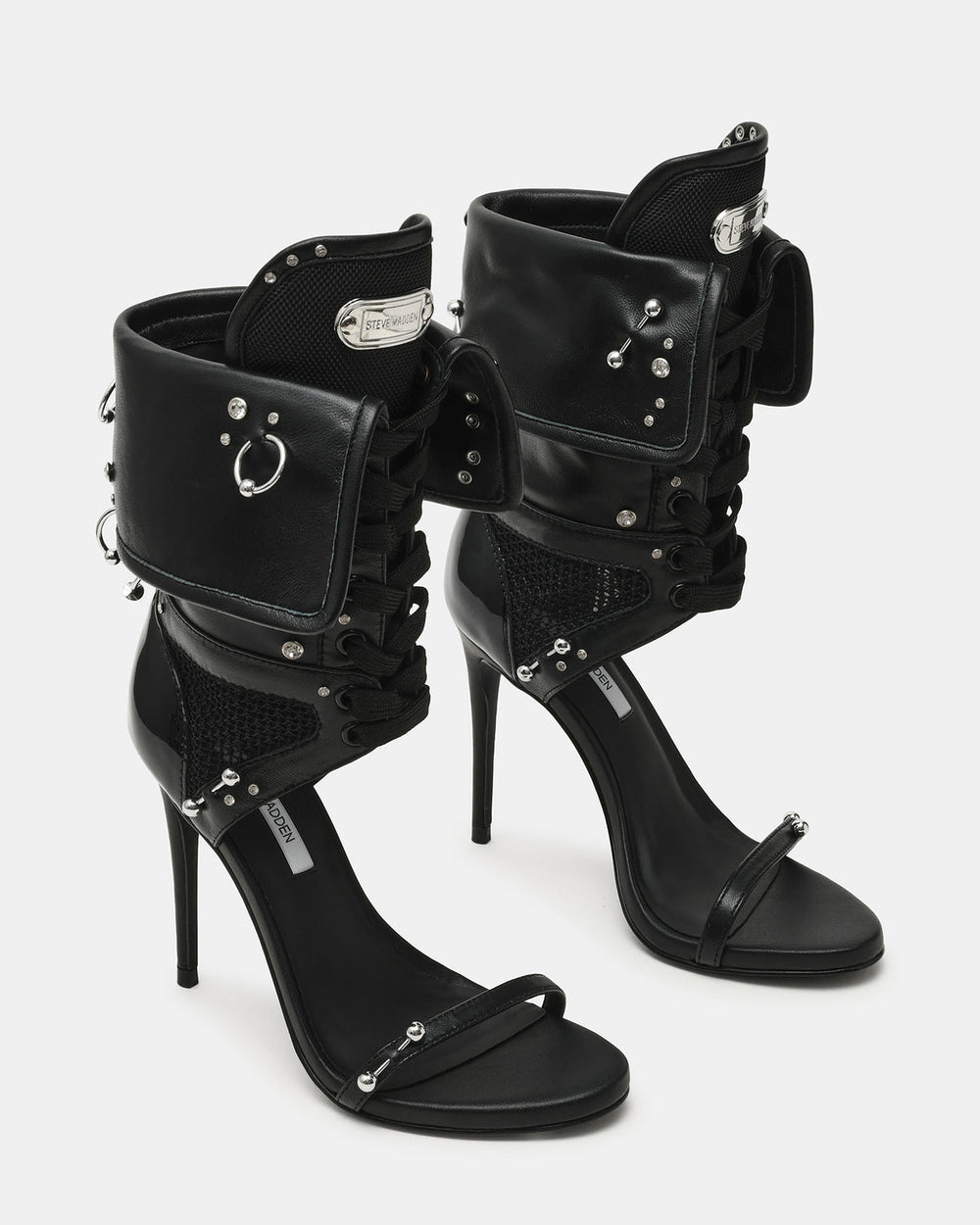 CASELLA Piercing Black Open-Toe Stiletto Lace-Up Women's Heel