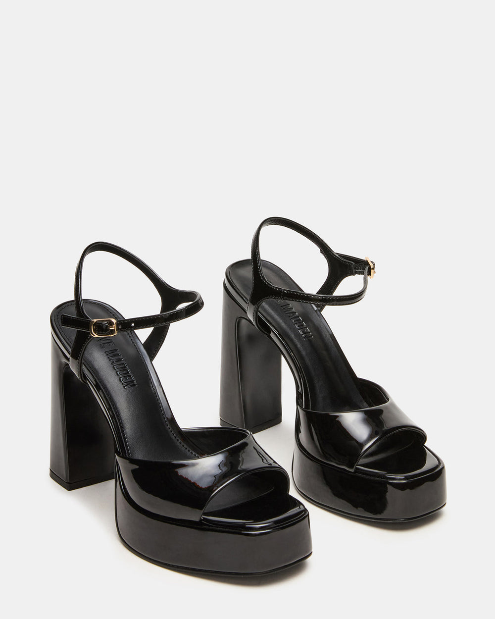 LIANDRA Black Patent Women's Platform Square-Toe Strappy Heel