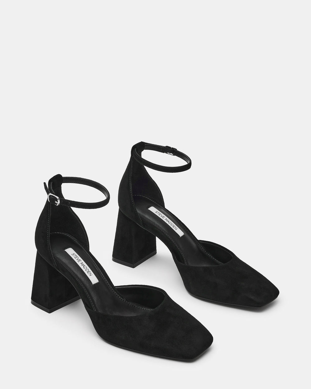 HARTLYN Black Suede Square-Toe Block Heel Ankle Strap Women's Heel