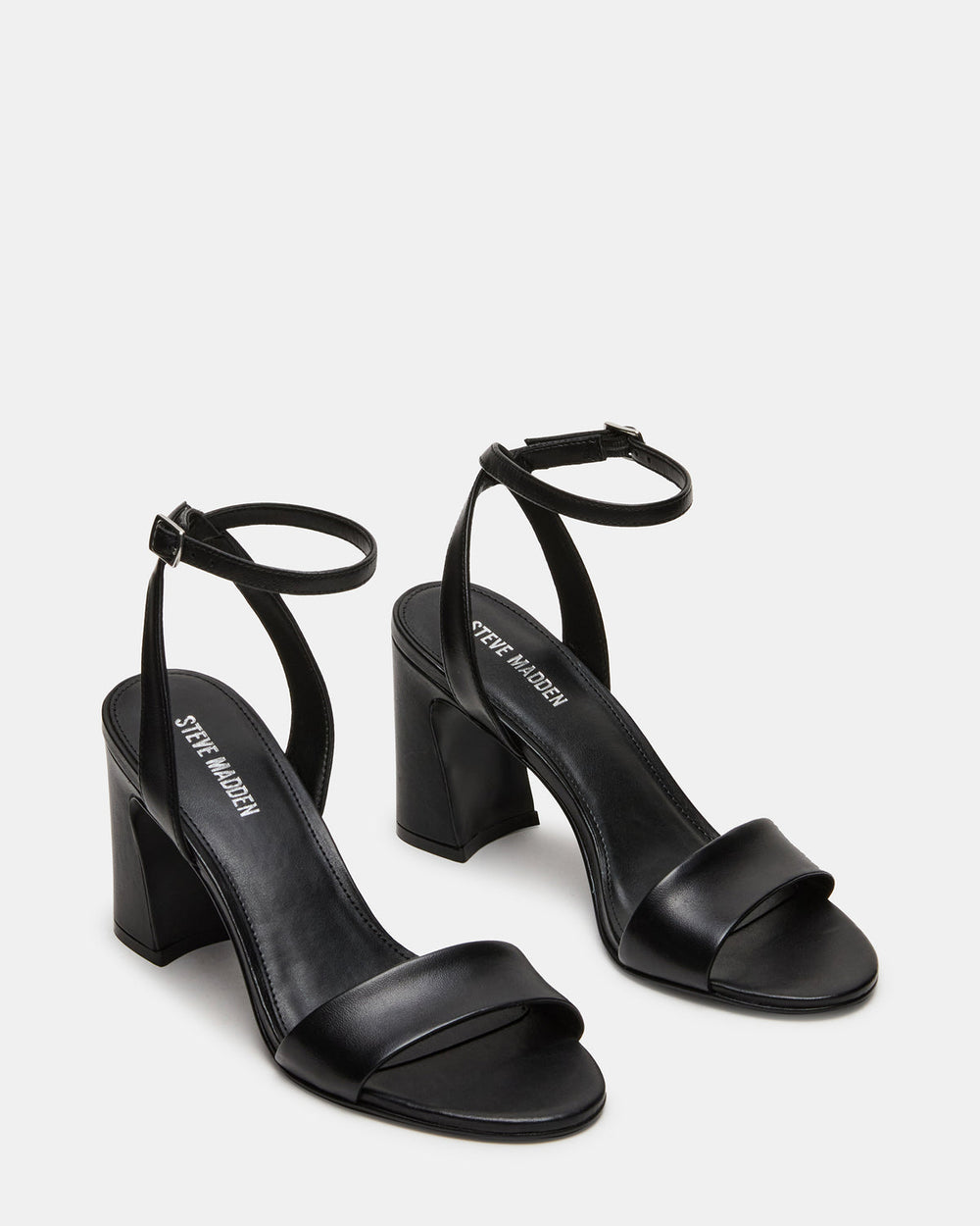 LARAH Black Leather Rounded Toe Block Heel Women's Heel