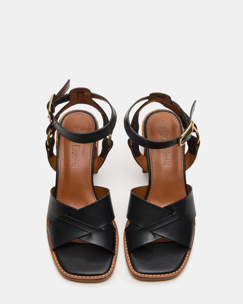 TRURO Black Leather Strappy Wood Bottom Square-Toe Women's Heel