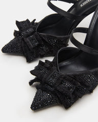 BAYLIN Black Satin Rhinestones Bow Pointed-Toe Stiletto Women's Heel