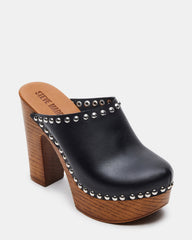 DUTCHESS Black Leather Women's Studded Platform Mule Clog Heel