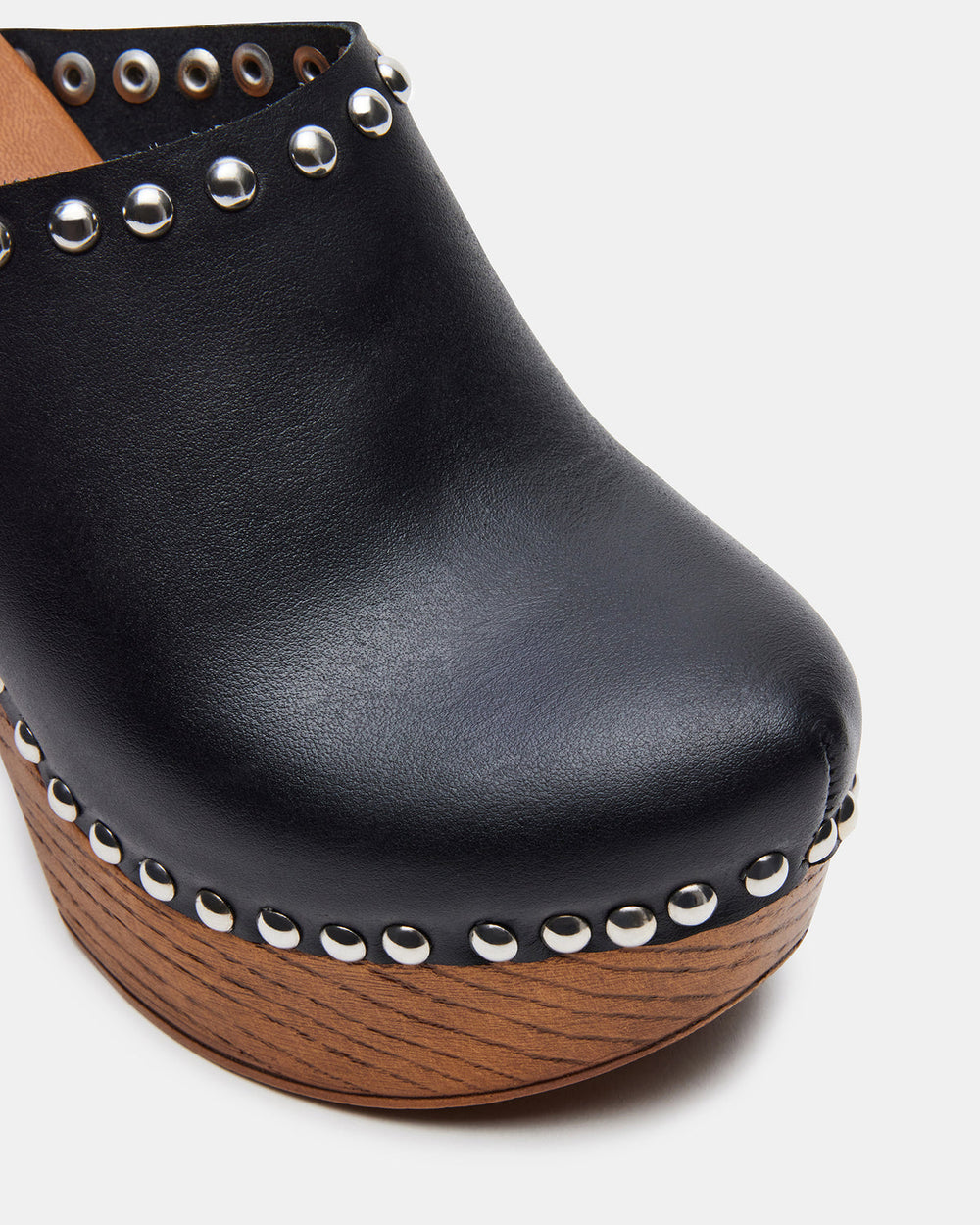 DUTCHESS Black Leather Women's Studded Platform Mule Clog Heel