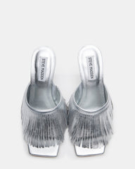 MORINA Silver Leather Square-Toe Stiletto Mule Fringe Heel | Women's Heels
