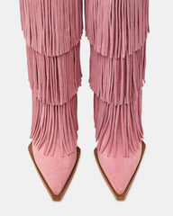 KINZEE Fringe Pink Suede Pointed-Toe Knee-High Western Stiletto Women's Boot