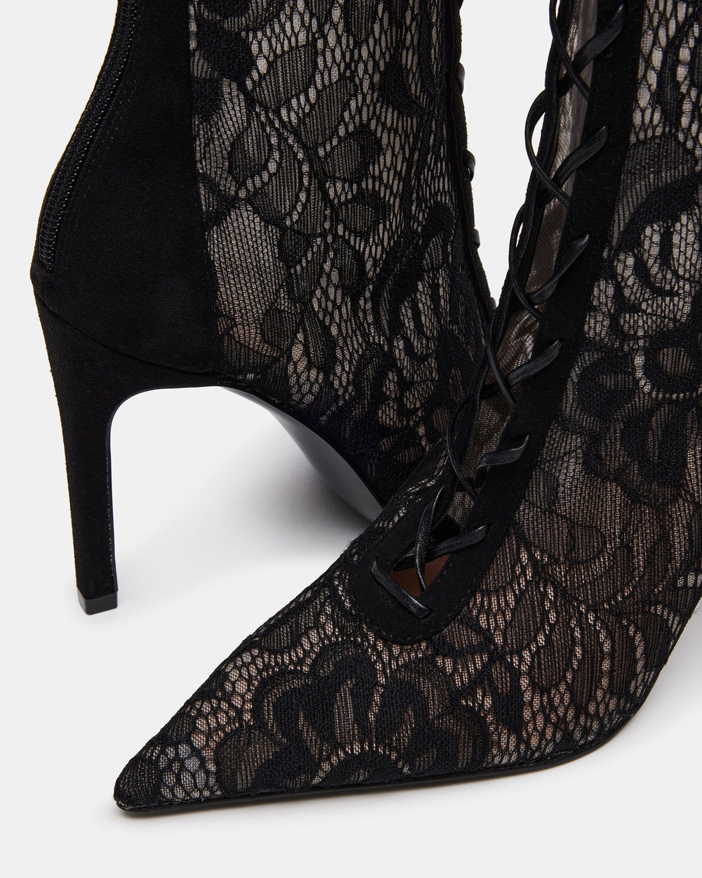 MAXINE Black Lace Pointed-Toe Knee-High Lace-Up Stiletto Women's Boot