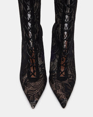 MAXINE Black Lace Pointed-Toe Knee-High Lace-Up Stiletto Women's Boot