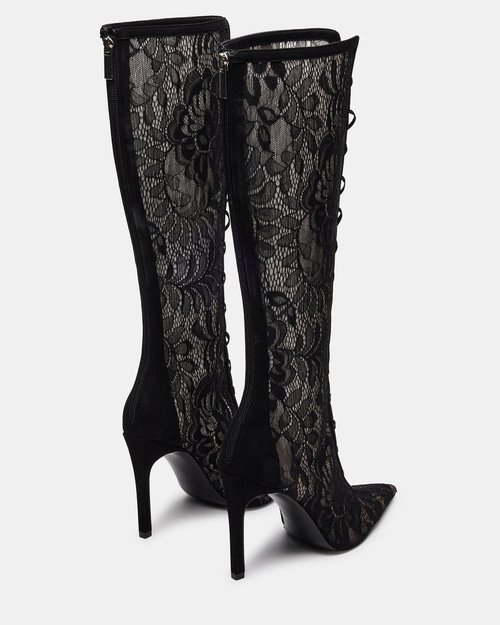 MAXINE Black Lace Pointed-Toe Knee-High Lace-Up Stiletto Women's Boot