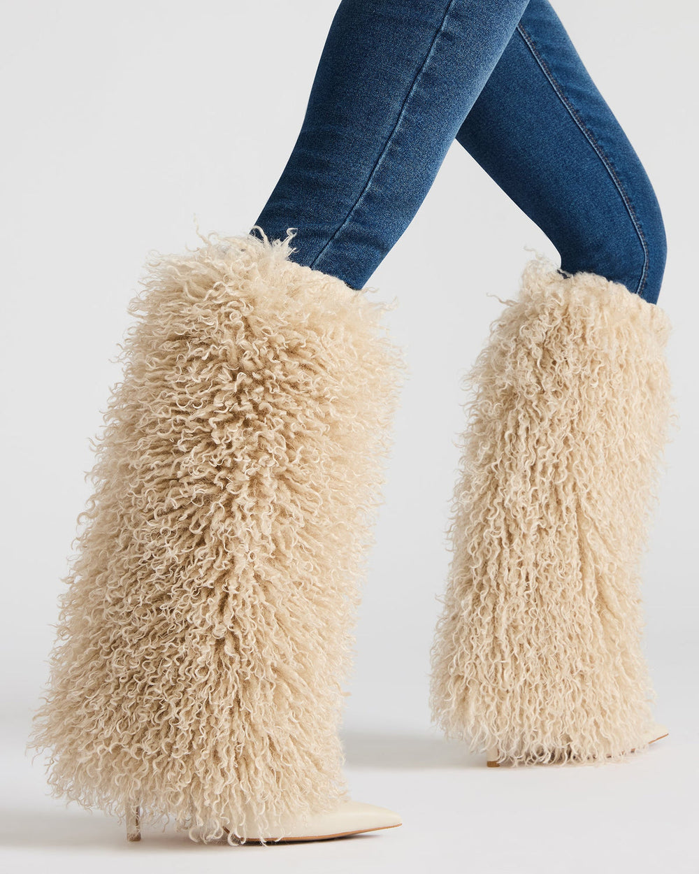 ICON Off-White Pointed-Toe Faux Fur Knee-High Stiletto Heel Women's Boot