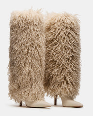ICON Off-White Pointed-Toe Faux Fur Knee-High Stiletto Heel Women's Boot