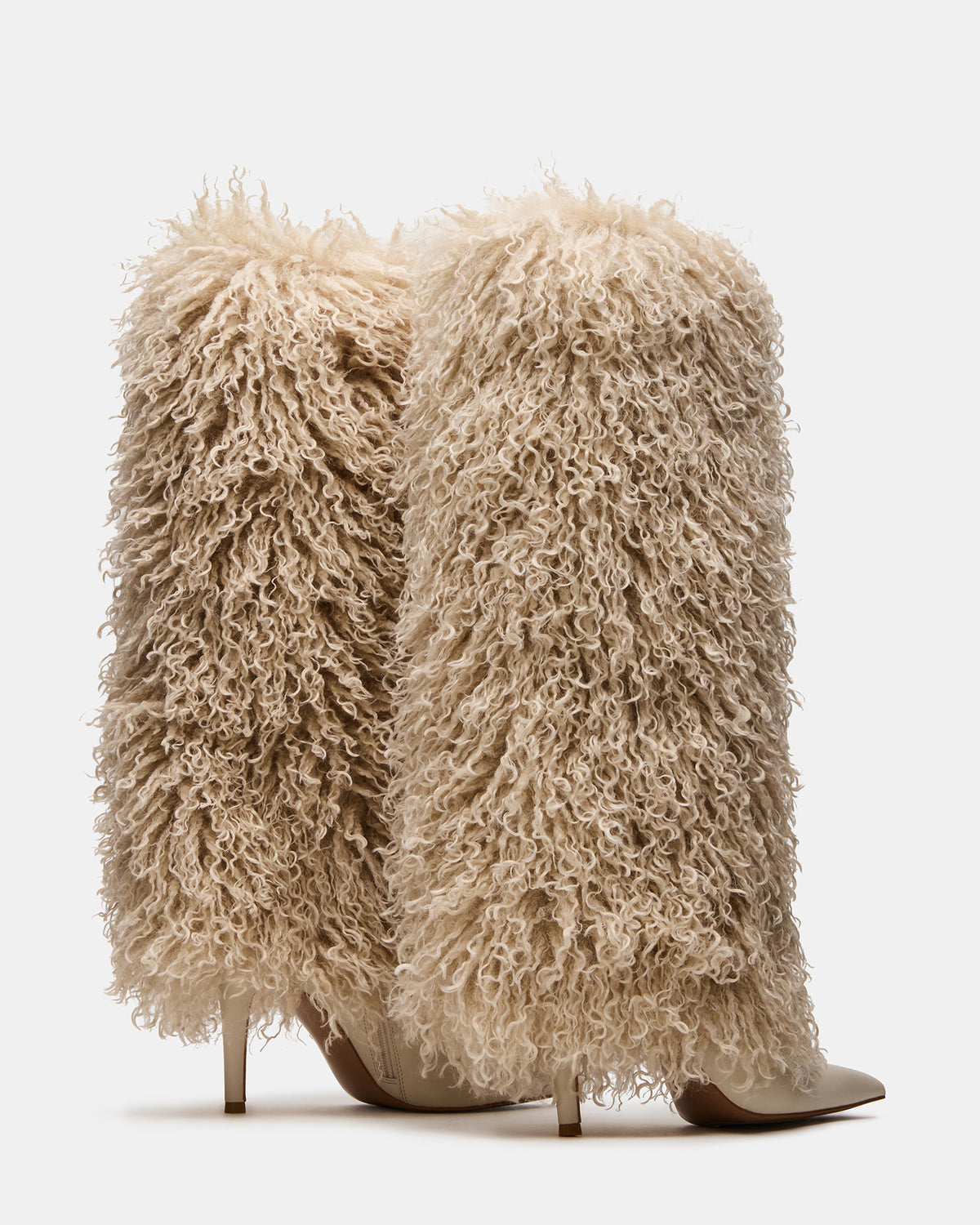 ICON Off-White Pointed-Toe Faux Fur Knee-High Stiletto Heel Women's Boot