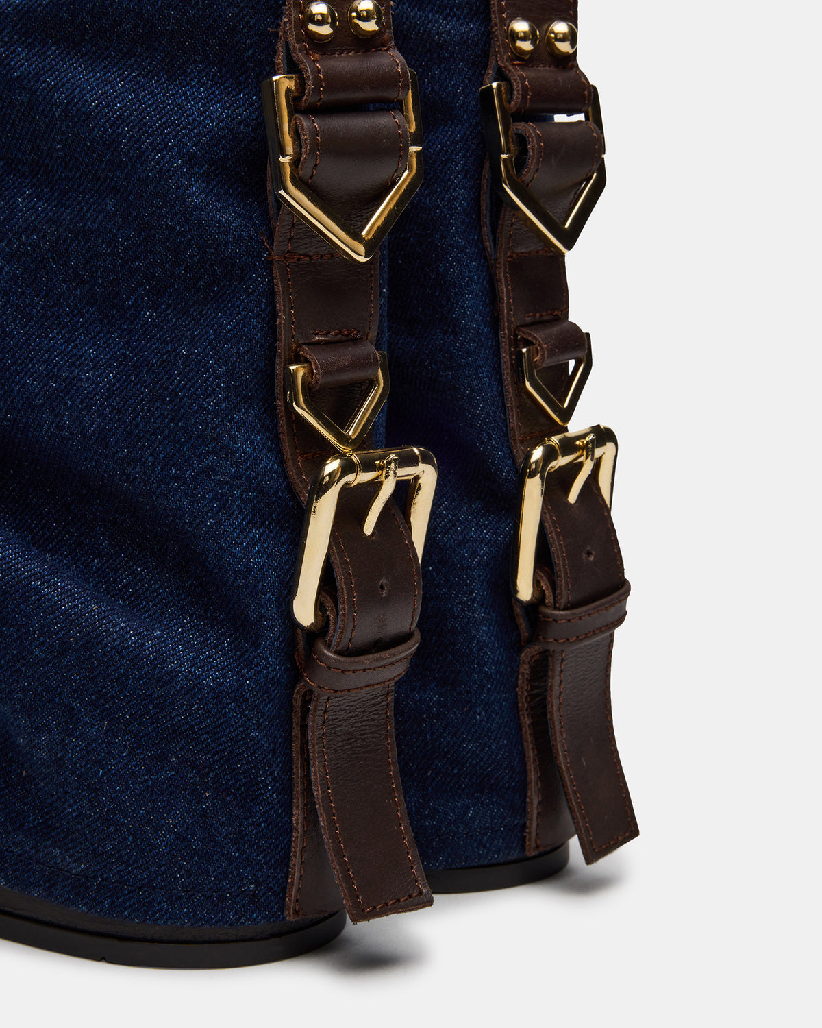 BENJI Denim Fabric Cuffed Fold-Over Moto Buckle Women's Ankle Boot