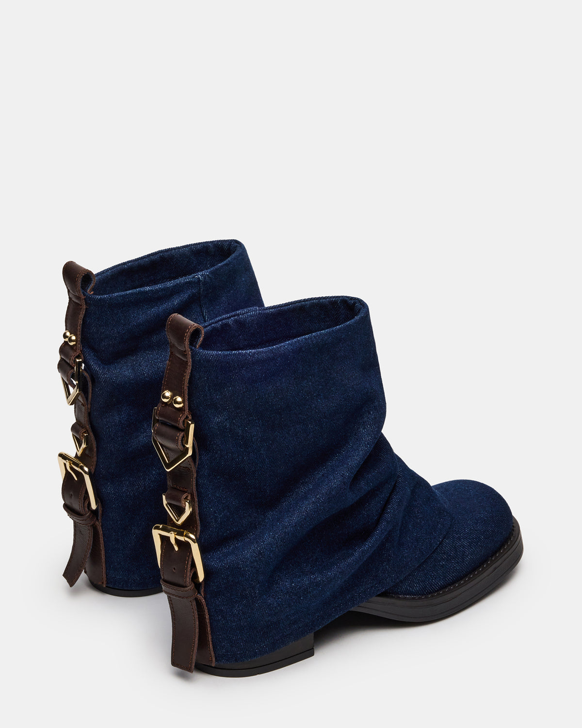 BENJI Denim Fabric Cuffed Fold-Over Moto Buckle Women's Ankle Boot