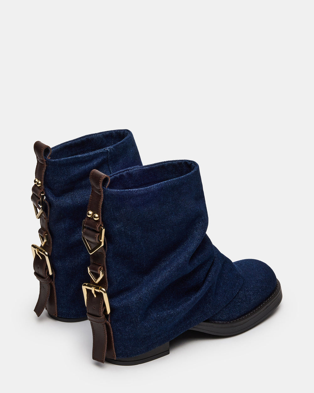 BENJI Denim Fabric Cuffed Fold-Over Moto Buckle Women's Ankle Boot
