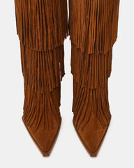 KINZEE Fringe Chestnut Suede Pointed-Toe Knee-High Western Stiletto Women's Boot