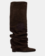 MONTANA Brown Suede Knee-High Square-Toe Wedge Fold-Over Women's Boot